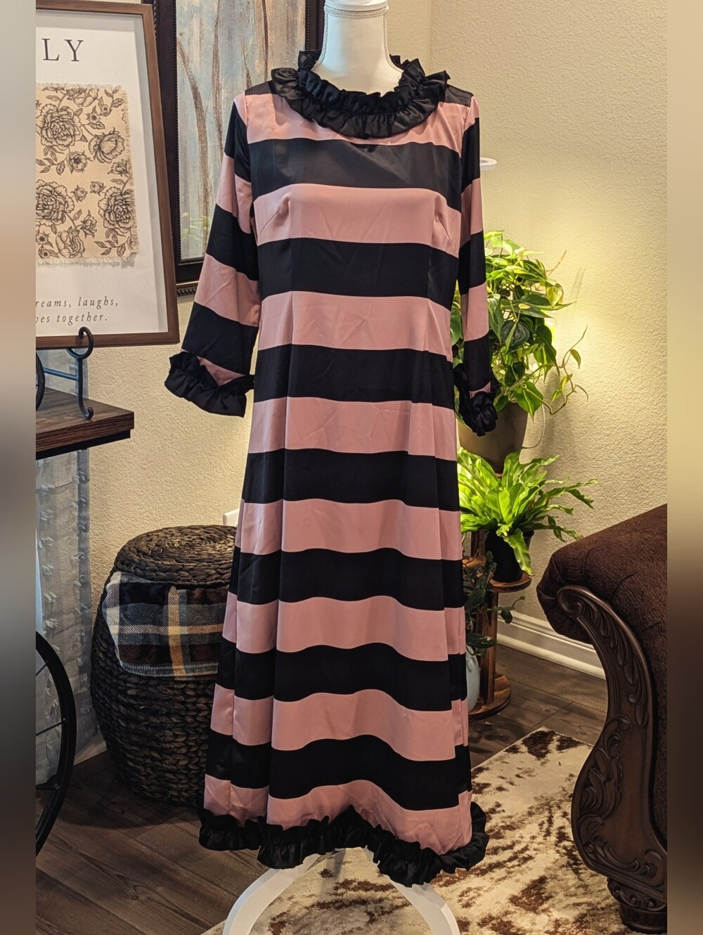 Dainty Jewells Striped Ruffle-Trim Maxi Dress - Black & Blush Pink